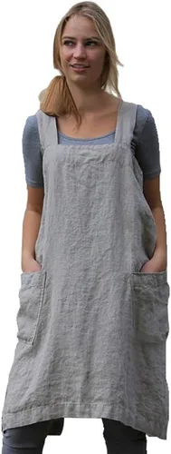 Miniatura 16 de Larmliss Delantal tipo pinafore cuadrado para mujer, para hornear, cocinar, jardinería, con espalda cruzada, mezcla de algodón/lino, con 2 bolsillos