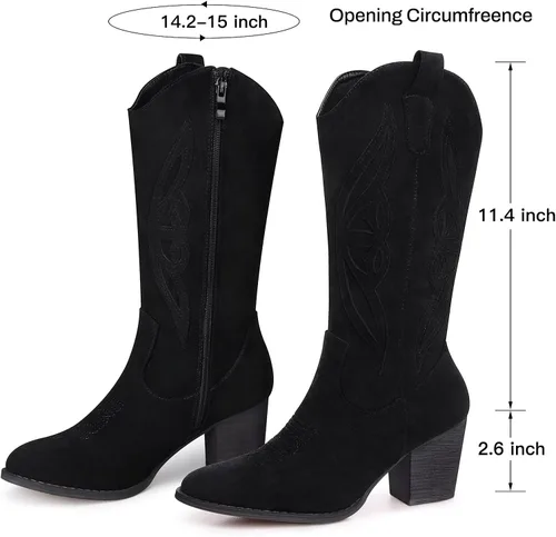 Miniatura 4 de SHIBEVER Botas vaqueras para mujer 2025 botas vaqueras a media pantorrilla con bordado occidental de tacón alto y punta puntiaguda