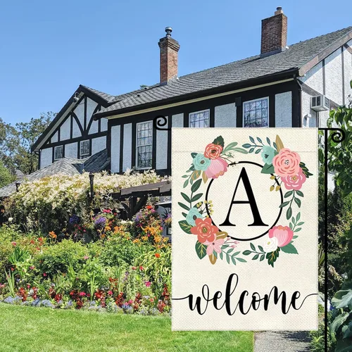 Miniatura 7 de Bandera de jardín con letra monograma, floral, 12 x 18 pulgadas, doble cara para exterior, pequeña de arpillera, familia, apellido, bandera inicial