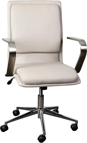 Flash Furniture James Silla ejecutiva de oficina de diseño con respaldo medio, tapicería LeatherSoft gris topo, base y brazos cromados cepillados,