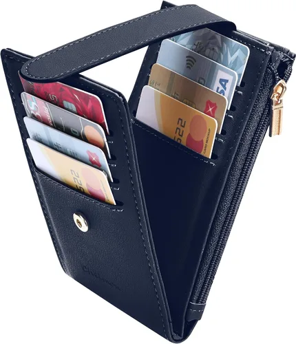 Miniatura 6 de Chelmon Billetera de mujer delgada con bloqueo RFID plegable multitarjetas con bolsillo con cremallera, Azul marino, Talla única, Minimalista