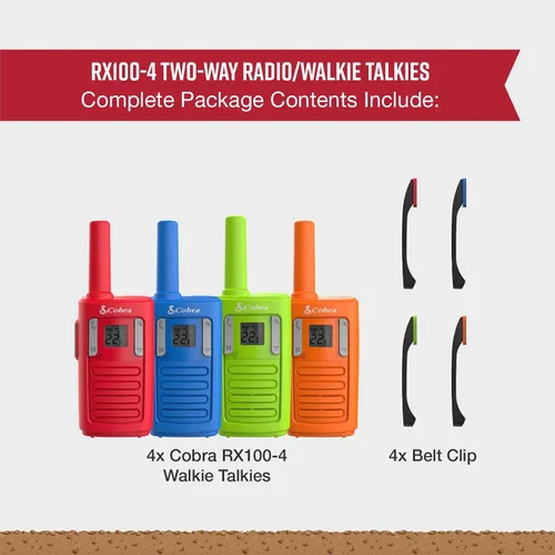Miniatura 7 de Walkie Talkies de Familia Cobra RX100 de 16 Millas de Alcance (Paquete de 4) - Alcance Largo de 16 Millas, Comunicación Amigable para Niños, 22