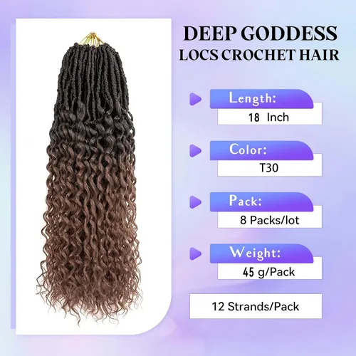 Miniatura 2 de Cabello de Ganchillo Goddess Locs de 18 Pulgadas 8 Paquetes Nuevos Locs Sintéticos Suaves Trenzas de Ganchillo Ondas Profundas Extensiones de T30.