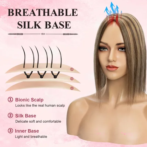 Miniatura 2 de Toppers para el cabello para mujeres con cabello fino, 12 pulgadas, sin flequillo, 100% cabello humano real, densidad del 150%, #4P27, castaño medio