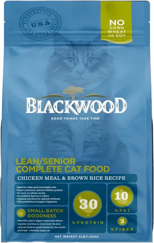Blackwood Alimento seco para gatos, fórmula magra y para personas mayores, receta de harina de pollo y arroz integral, bolsa de 4 libras, alta en
