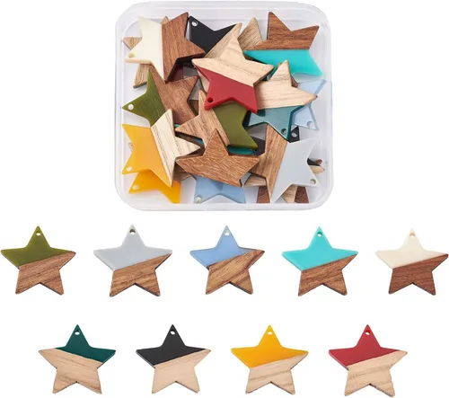 Miniatura 16 de Beadthoven 60 piezas Kit de Dijes de Madera de Resina Colgantes para Hacer Aretes Dijes Dorados para Aretes DIY Boho Piezas en Blanco de Madera
