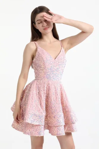 Miniatura 3 de Vestidos de fiesta de lentejuelas para adolescentes, vestido corto de graduación 2024 con cuello en V brillante, vestido formal de fiesta de cóctel