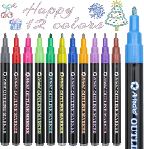 Artecho Marcadores metálicos de contorno automático de 12 colores, bolígrafos profesionales de doble línea brillante para colorear de adultos,
