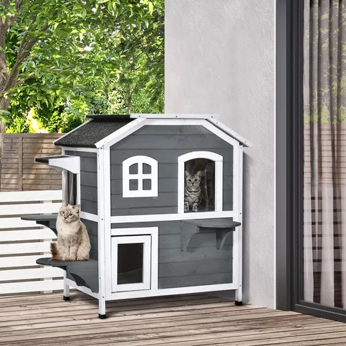 Miniatura 9 de Casa para gatos de 2 pisos al aire libre, recinto de madera resistente a la intemperie