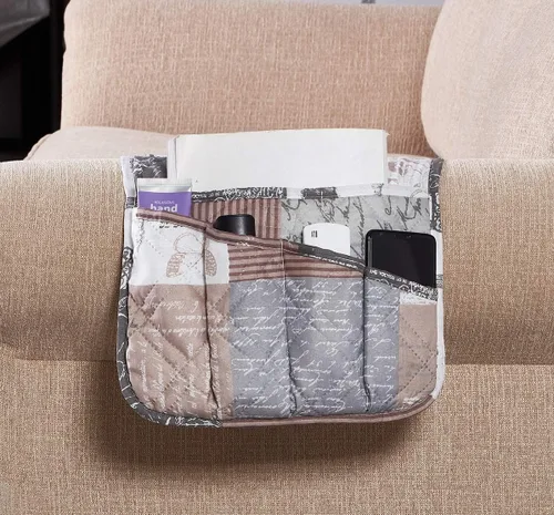 Miniatura 12 de Brilliant Sunshine - Organizador de apoyabrazos de sofá de terciopelo gris con 5 bolsillos, soporte antideslizante para sillón reclinable