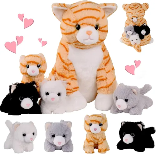 5 piezas de animales de peluche de gato con bebés, 12 pulgadas, mamá de peluche con 4 gatitos dentro del vientre, peluche de gato atigrado naranja