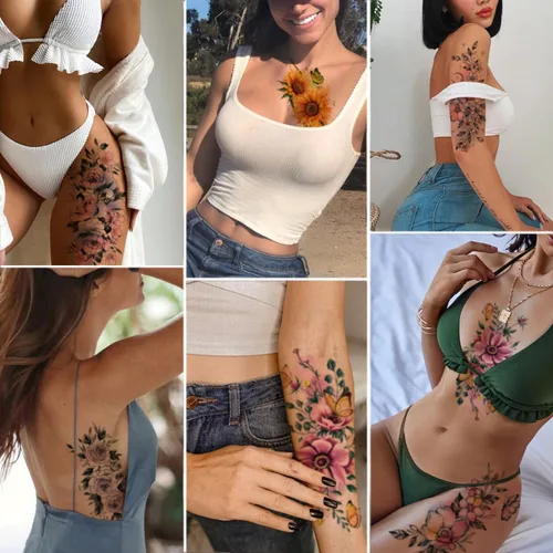 Miniatura 5 de CHARLENT Tatuajes temporales de flores de acuarela para mujeres y niñas, 10 hojas grandes, tatuajes falsos florales sexys para mujeres, arte