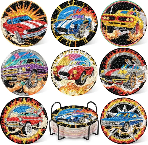 Miniatura 10 de DOTZSO Juego de 8 posavasos de arte de diamante con soporte, kits de arte de diamantes para adultos principiantes, pequeños posavasos de pintura