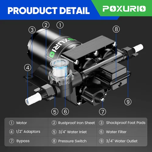 Miniatura 2 de Bomba de Agua para RV de 6 GPM, Bomba de Agua Fresca de 110 V CC, 70 PSI, Bomba de Agua de Diafragma Autocebante con Interruptor de Presión y Filtro