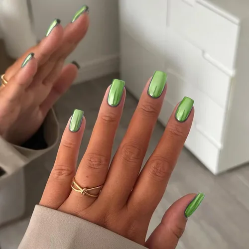 Miniatura 9 de Uñas Postizas Cuadradas de Cromo Púrpura Cortas Medianas para Presionar, KQueenest Uñas Acrílicas Falsas de Plateado Metálico Espejo para Presionar