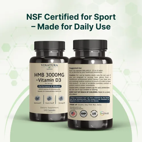 Miniatura 8 de VINATURA Suplemento HMB de 3000 mg y vitamina D3, defensa muscular con HMB (beta-hidroxi beta-metilbutirato), vitamina D3 (1600 UI), fabricado