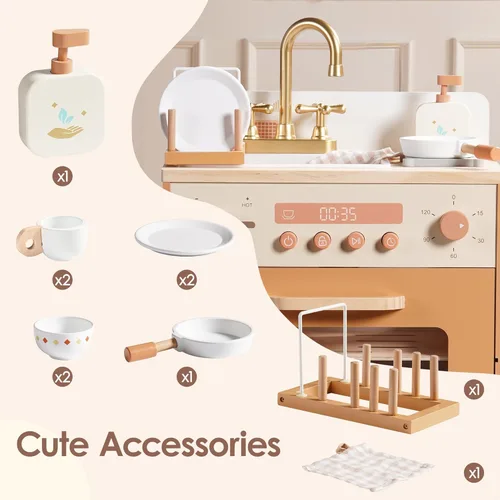 Miniatura 5 de ROBOTIME Fregadero Lavavajillas de Juguete de Madera – Juguete de Cocina de Imitación Color Caramelo con Grifo Dorado, Perillas Giratorias, Estante