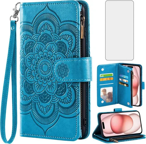 Asuwish Funda tipo cartera compatible con iPhone 15 de 6.1 pulgadas y protector de pantalla de vidrio templado, funda de piel con diseño de flores,
