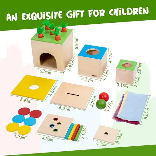 Miniatura 5 de Adena Montessori Kit de juego 6 en 1, 3 cajas de anidación y apilamiento, juego de caída de permanencia de objetos, caja de monedas, cosecha