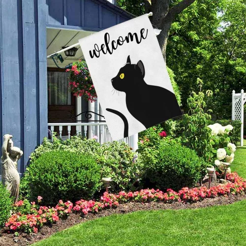 Miniatura 4 de AOYEGO Bandera vertical de bienvenida para casa de gato, arpillera de doble cara, gato negro con ojos amarillos, decoración de temporada al aire