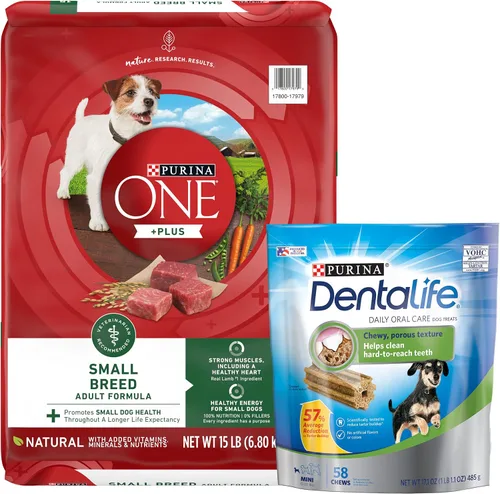 Purina Paquete de alimento y golosinas para perros de razas pequeñas, ONE +Plus fórmula de cordero y arroz con cuidado bucal diario DentaLife