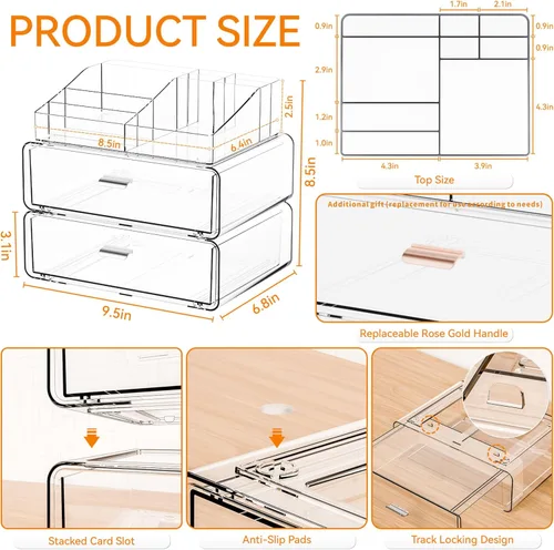 Miniatura 3 de Yieach Organizadores de maquillaje de 3 niveles en acrílico transparente con 2 cajones, soporte de maquillaje tiered de escritorio y organizadores