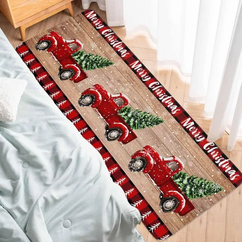 Miniatura 6 de Juego de 2 alfombras de cocina con camión rojo, árbol de Navidad rojo sobre tablero de madera retro, antideslizante, cómodo, tapete de pie