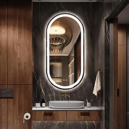 Miniatura 10 de Espejo de baño LED ovalado, espejo retroiluminado de 36 x 24 pulgadas con luz para pared con marco negro, antivaho, regulable, frontal, 3