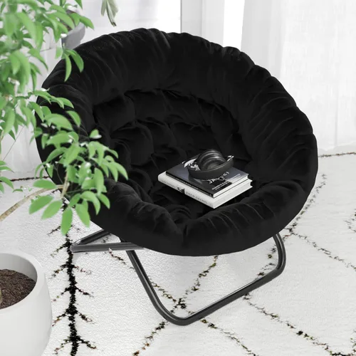 Miniatura 6 de BizChair Silla plegable de gran tamaño, silla de luna de piel sintética negra, marco de metal negro, silla plegable portátil de 38 pulgadas