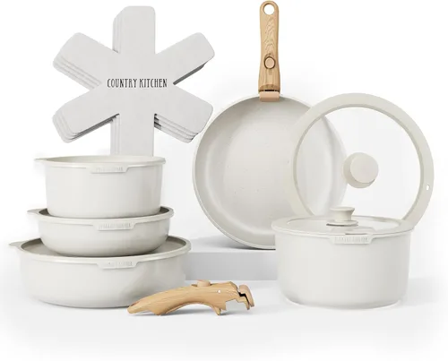 Country Kitchen Juego de utensilios de cocina con mango extraíble, juego de ollas y sartenes aptas para horno y caravana, mango de madera moteada