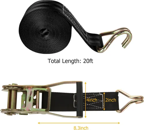 Miniatura 2 de Paquete de 2 correas de trinquete de 2 pulgadas, correas de amarre resistentes de 20 pies con doble gancho en J, resistencia a la rotura de 8000