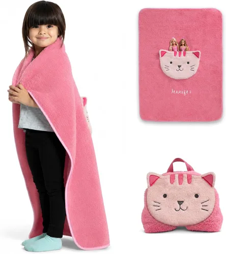 Delta Children Manta Sherpa personalizada con bolsillo de almacenamiento para niños, gato magenta