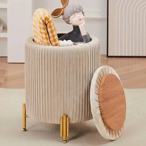 Miniatura 10 de Otomana Redonda Reposapiés con Almacenamiento y Patas de Metal para Sala de Estar y Dormitorio, Reposapiés Tapizado de Terciopelo Soporta 300 libras