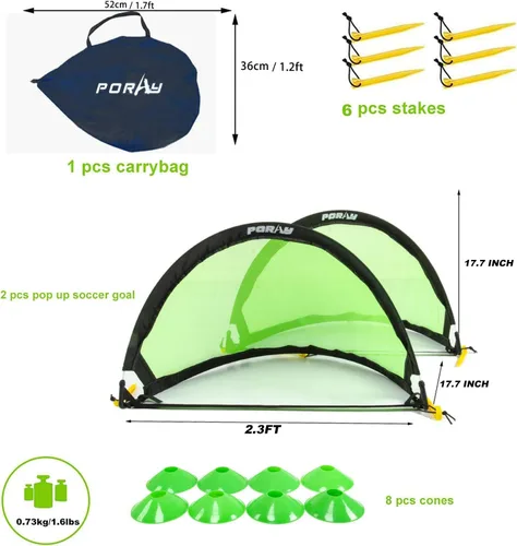 Miniatura 3 de Poray Soccer Goal for Kid Easy-up Set of Two Portable Soccer Net 210D Oxford with 8 Field Marker Cones Extra Stakes Fun for Backyard and Soccer Verde
