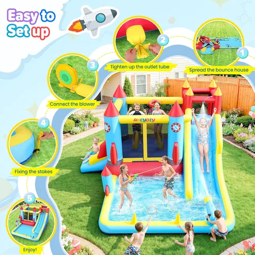 Miniatura 6 de AKEYDIY Casa de Rebote, Castillo Inflable de Rebote con Soplador para Niños de 3-10, Parque Acuático de Casa de Rebote para Exteriores/Interiores