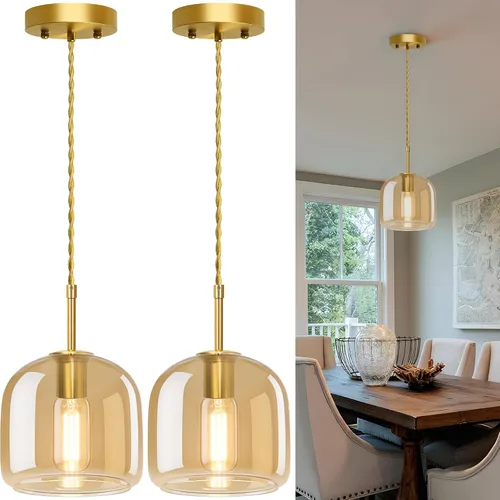 Miniatura 9 de Luces Colgantes de Isla de Cocina - Luz Colgante Dorada, Luces Colgantes de Latón Estilo Granja con Pantalla de Vidrio Ámbar, Luz Colgante Ajustable