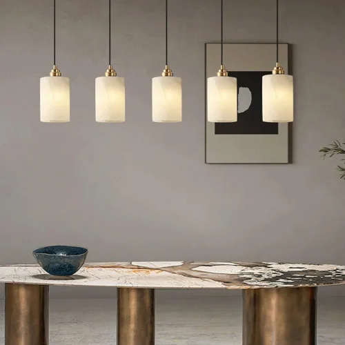 Lámpara colgante de mármol cilíndrico nórdico, moderna lámpara colgante de cobre completo con pantalla de piedra natural, candelabros de altura