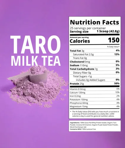Miniatura 3 de Boba Tea Protein Taro Milk 25g de proteína aislada de suero de vacas alimentadas a pasto en polvo Bebida de té de burbujas sin gluten y sin soja