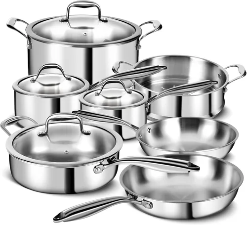 Juego de utensilios de cocina de acero inoxidable de 3 capas de 11 piezas con tapas, ollas y sartenes, no tóxico, inducción, horno, apto para