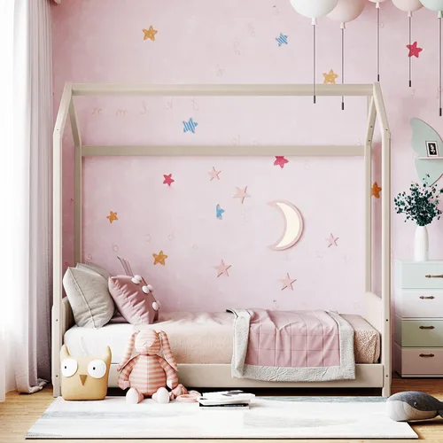 Miniatura 3 de MERITLINE Marco de cama individual para niños, cama Montessori de terciopelo con techo, cama de piso individual de madera para niñas y niños,