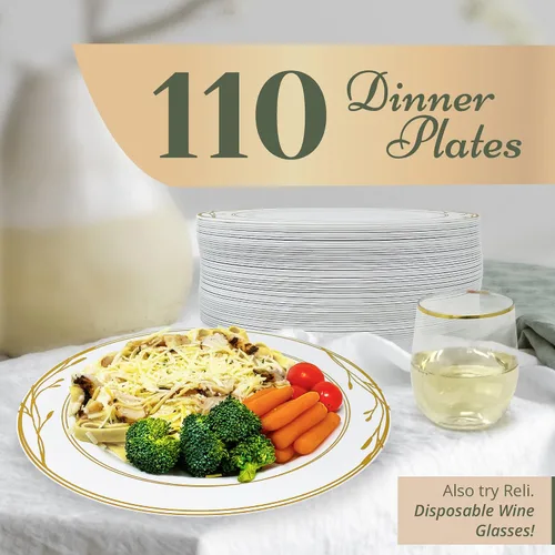 Miniatura 2 de Reli. Platos de plástico desechables, borde blanco y dorado (110 unidades, 10.25 pulgadas) Plato de plástico duro Elegantes platos redondos