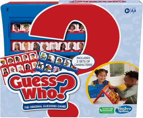 Hasbro Gaming Adivina quién? Marco original, fácil de cargar, hoja de personajes de doble cara, juegos de mesa para 2 jugadores para niños, juegos