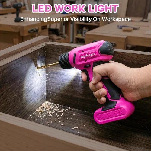 Miniatura 9 de Juego de taladro inalámbrico rosa de 8V, kit de herramientas de taladro Pink Power de 64 piezas para mujeres, juego de destornillador eléctrico