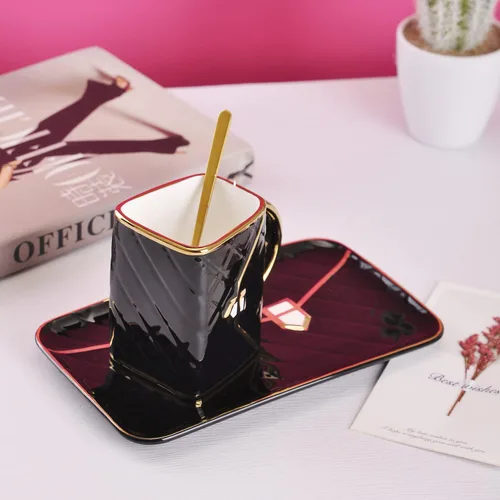 Miniatura 3 de WHJY Unique - Juego de taza de café rosa y azul de cerámica, juego de taza y platillo y cuchara, lindo juego de té de la tarde femenino, regalo