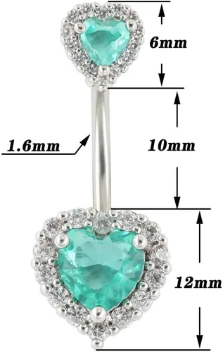 Miniatura 2 de Excepro Piercing para ombligo de acero inoxidable con circonita cúbica verde lago, Acero inoxidable, circonita