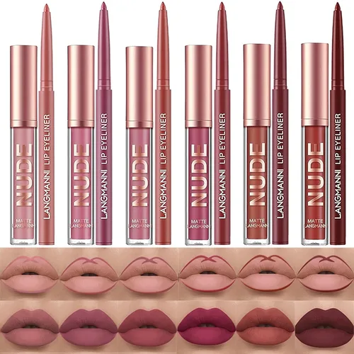 Juego de 12 lápices labiales líquidos mate + rotuladores de labios, 6 lápices labiales mate con 6 delineadores de labios suaves a juego, 6 lápices