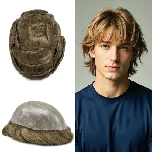 Miniatura 36 de Toupee - Sistema de reemplazo de cabello humano real de 0.004 in para hombres, con inyección, poliuretano duradero, piel fina, línea capilar