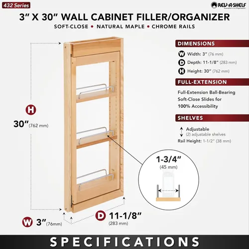 Miniatura 2 de Rev-A-Shelf Organizador de pared extraíble para armario de cocina, organizador de despensa deslizante con cierre suave en varios tamaños, madera