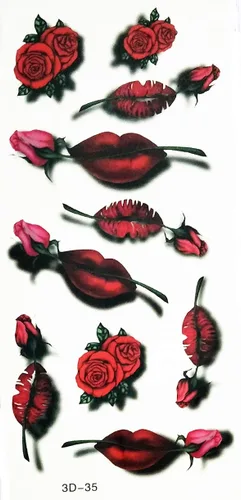 Miniatura 2 de Tatuajes 2 hojas de rosas rojas boca lápiz labial cosmético sexy tatuaje de dibujos animados temporales impermeables tatuajes adhesivos de 11