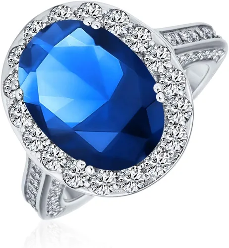 Miniatura 24 de Anillo de compromiso de plata de ley 925 personalizable con halo de corona ovalada de 5 a 7 quilates con circonita cúbica simulada de zafiro azul